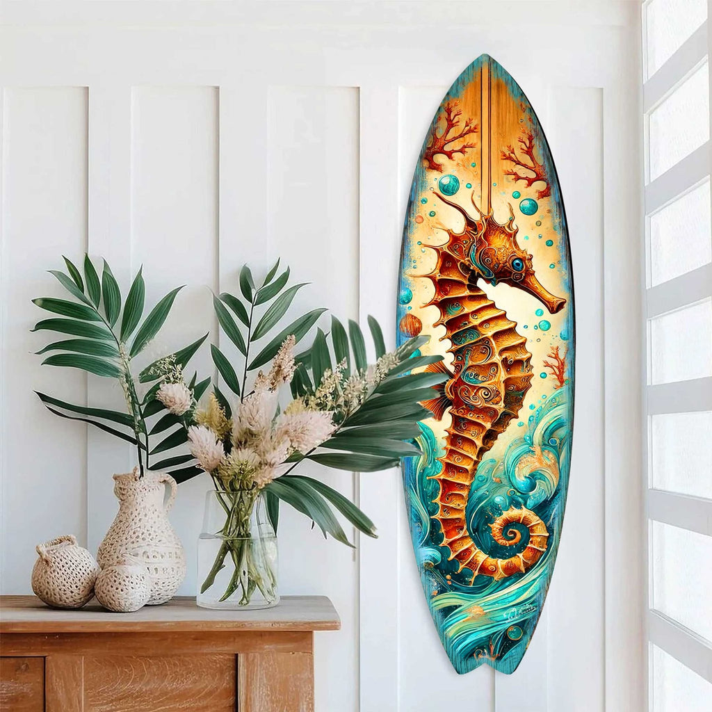Seahorse Coastal Surfboard Wall Art – Handcrafted Wooden Ocean Decor by G.DeBrekht – Indoor Outdoor Beach House Accent – 8490147HS - Che Cose Belle