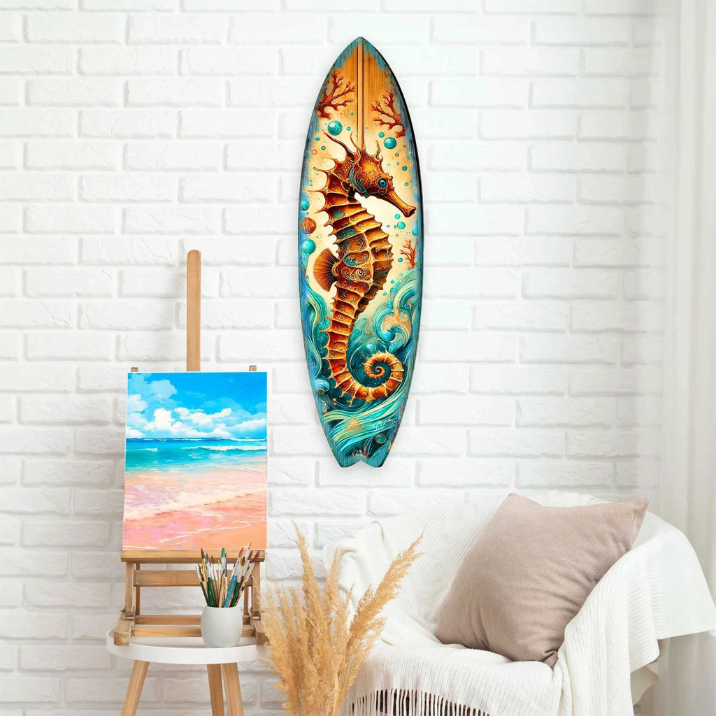 Seahorse Coastal Surfboard Wall Art – Handcrafted Wooden Ocean Decor by G.DeBrekht – Indoor Outdoor Beach House Accent – 8490147HS - Che Cose Belle