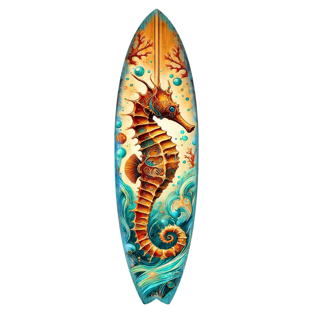 Seahorse Coastal Surfboard Wall Art – Handcrafted Wooden Ocean Decor by G.DeBrekht – Indoor Outdoor Beach House Accent – 8490147HS - Che Cose Belle