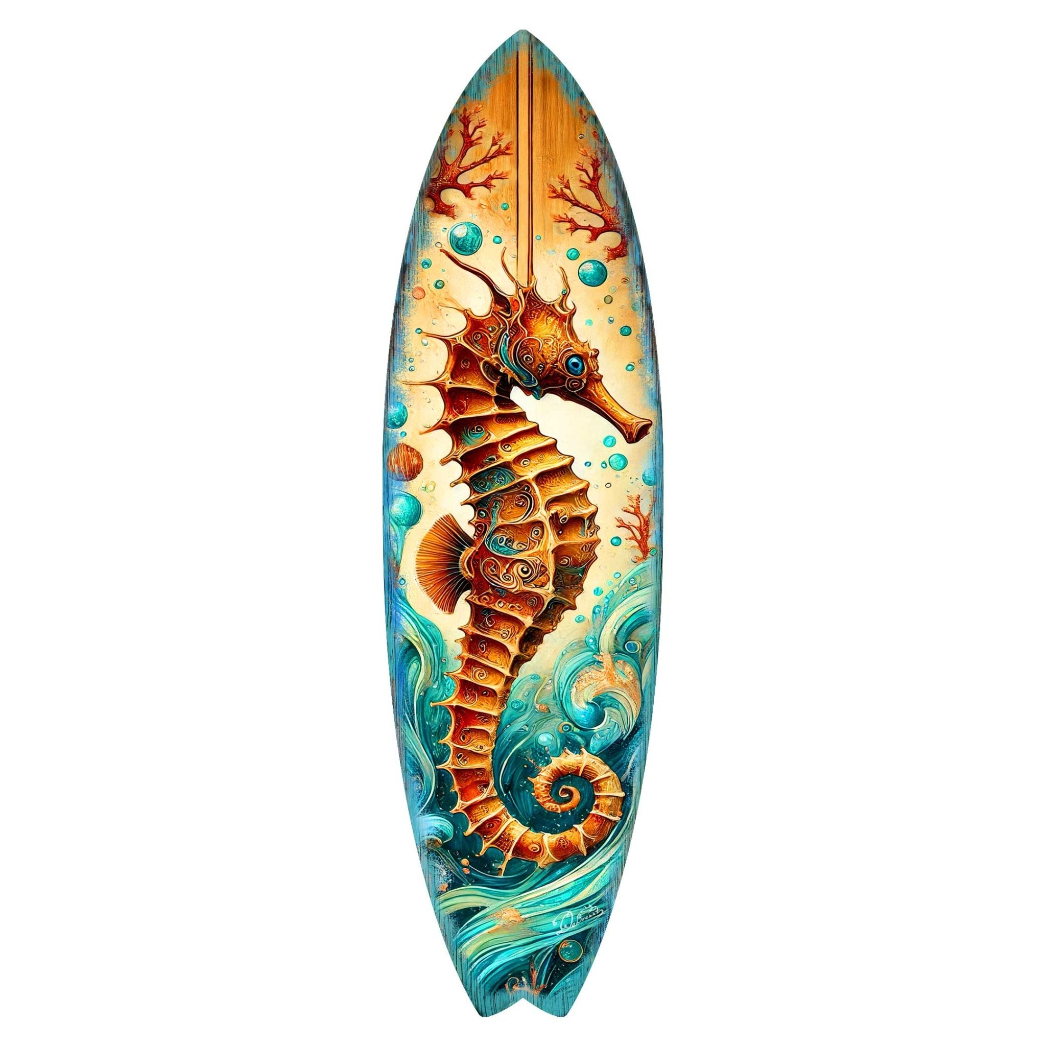 Seahorse Coastal Surfboard Wall Art – Handcrafted Wooden Ocean Decor by G.DeBrekht – Indoor Outdoor Beach House Accent – 8490147HS - Che Cose Belle