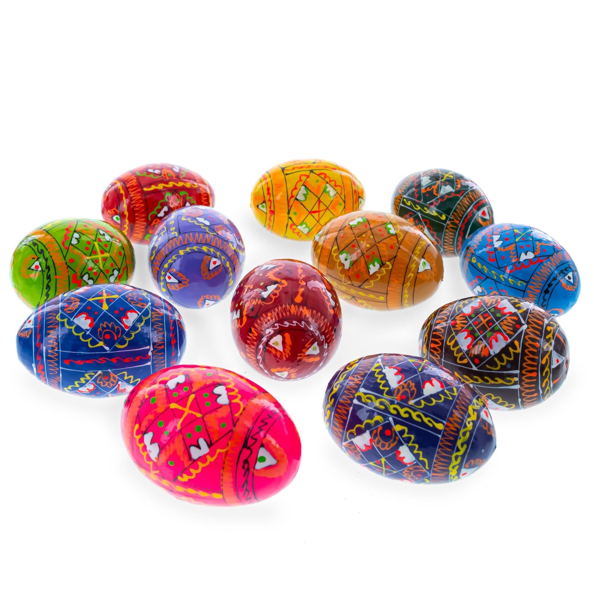 Set of 12 Handcrafted Geometric Ukrainian Pysanky Wooden Easter Eggs 2.5 Inches - Che Cose Belle