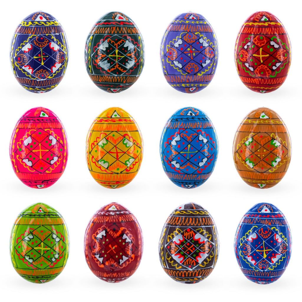 Set of 12 Handcrafted Geometric Ukrainian Pysanky Wooden Easter Eggs 2.5 Inches - Che Cose Belle