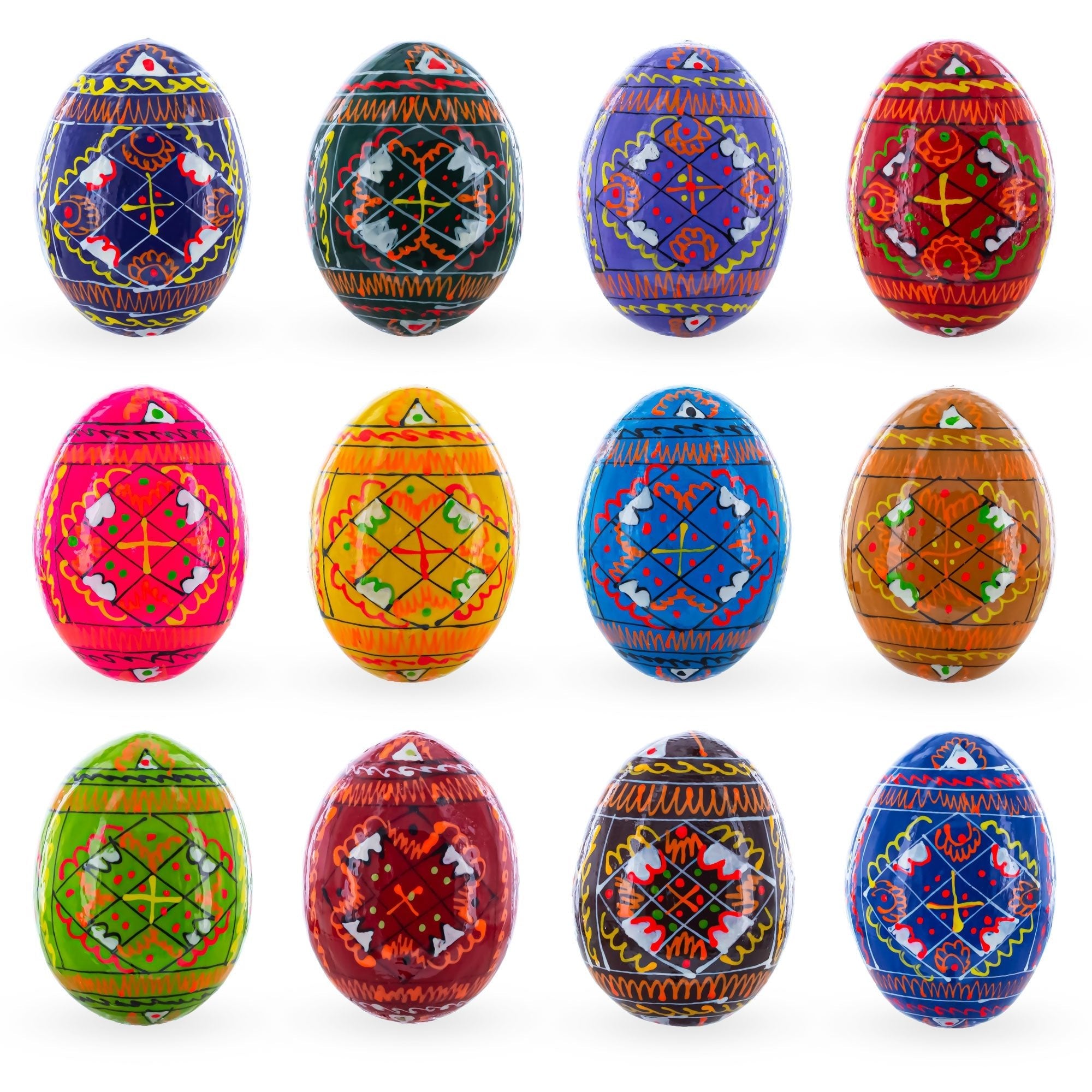 Set of 12 Handcrafted Geometric Ukrainian Pysanky Wooden Easter Eggs 2.5 Inches - Che Cose Belle