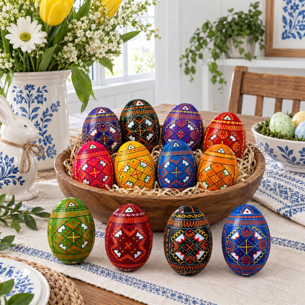 Set of 12 Handcrafted Geometric Ukrainian Pysanky Wooden Easter Eggs 2.5 Inches - Che Cose Belle