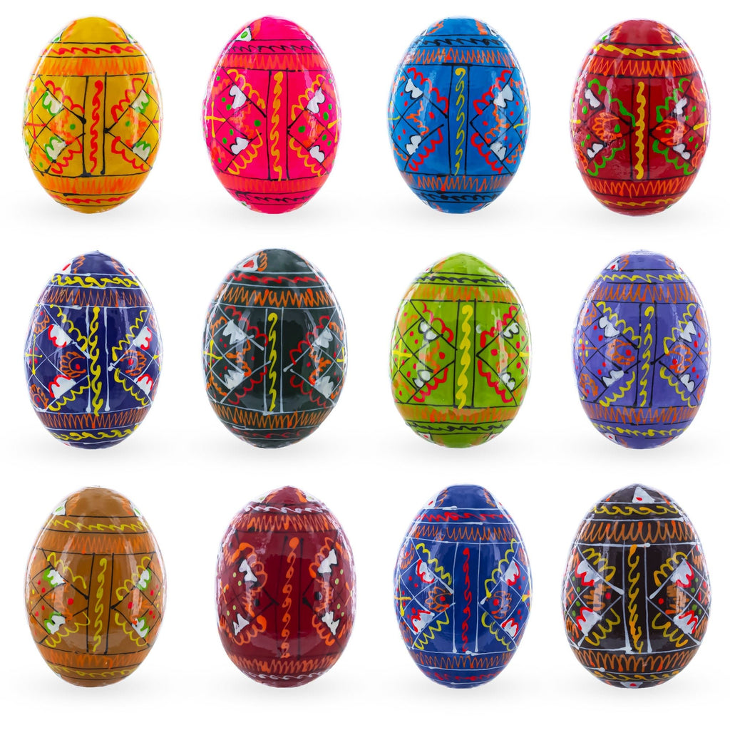 Set of 12 Handcrafted Geometric Ukrainian Pysanky Wooden Easter Eggs 2.5 Inches - Che Cose Belle