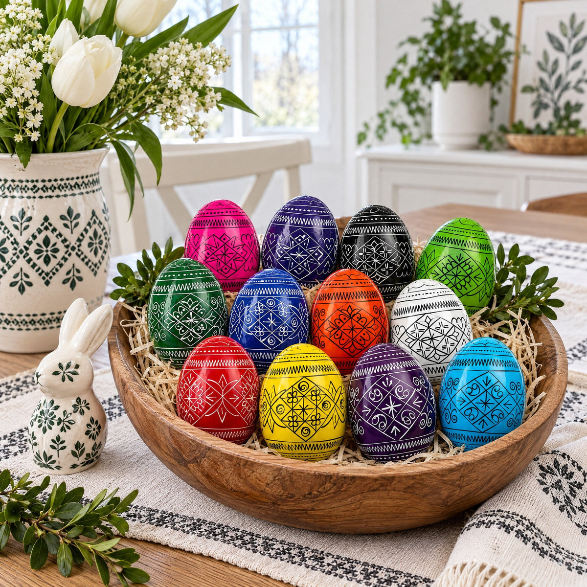 Set of 12 Multicolored Hand Painted Ukrainian Wooden Easter Eggs 2.5 Inches - Che Cose Belle