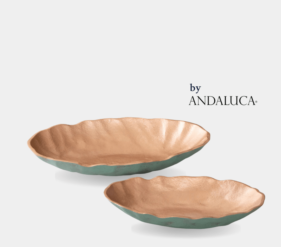 Set of 2 Turquoise Copper Finish Decorative Oval Bowls by Andaluca Home - Che Cose Belle