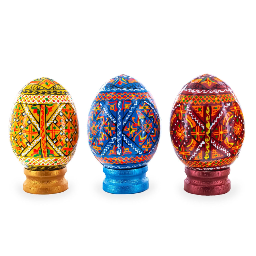 Set of 3 Colorful Geometric Ukrainian Pysanky Wooden Easter Eggs with Stands - Che Cose Belle