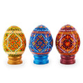 Set of 3 Colorful Geometric Ukrainian Pysanky Wooden Easter Eggs with Stands - Che Cose Belle