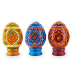 Set of 3 Colorful Geometric Ukrainian Pysanky Wooden Easter Eggs with Stands - Che Cose Belle