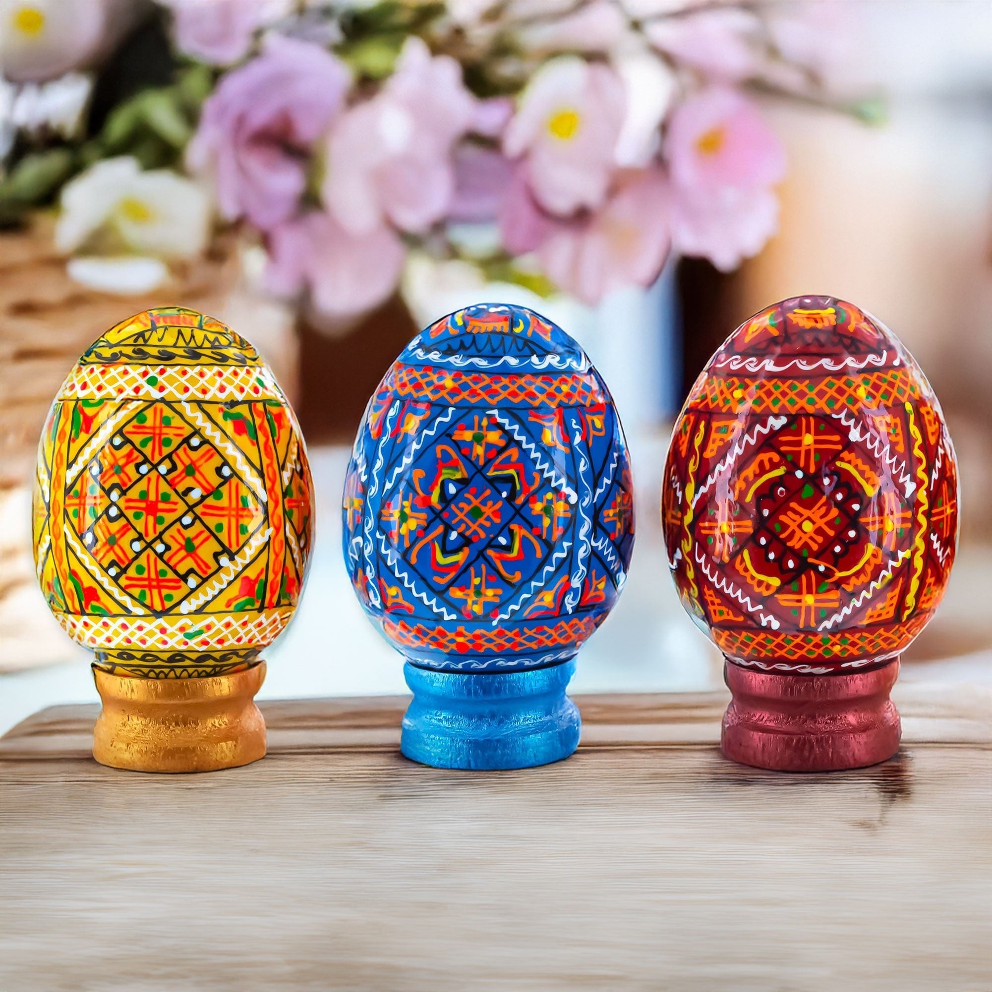 Set of 3 Colorful Geometric Ukrainian Pysanky Wooden Easter Eggs with Stands - Che Cose Belle