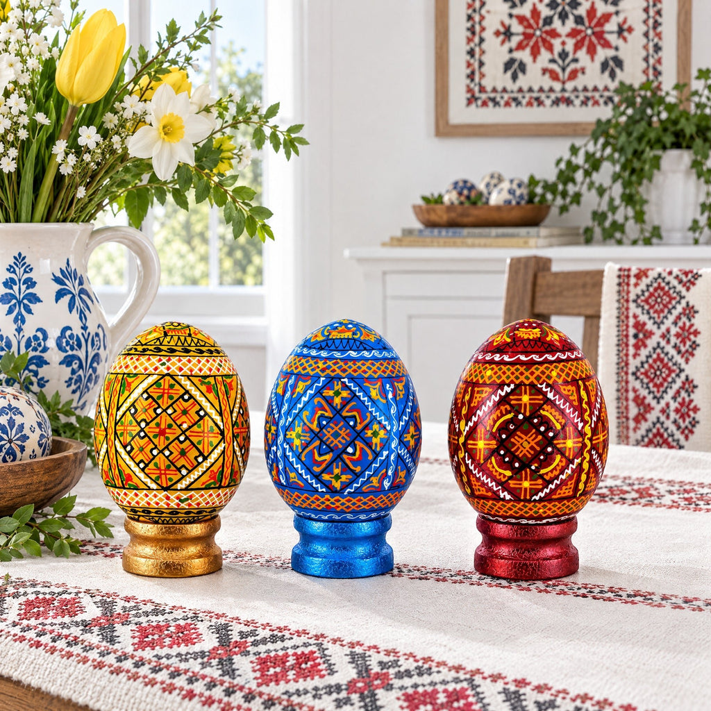 Set of 3 Colorful Geometric Ukrainian Pysanky Wooden Easter Eggs with Stands - Che Cose Belle