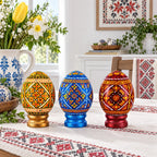 Set of 3 Colorful Geometric Ukrainian Pysanky Wooden Easter Eggs with Stands - Che Cose Belle