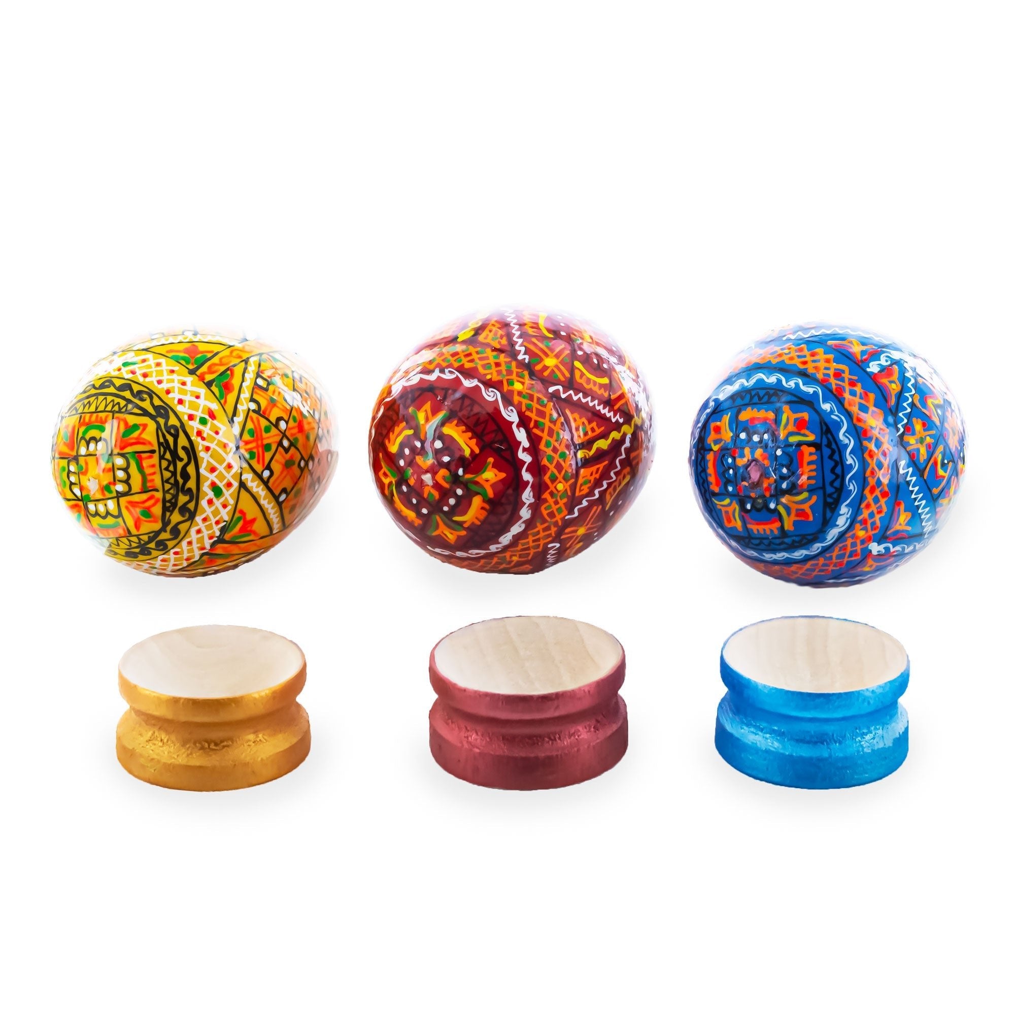 Set of 3 Colorful Geometric Ukrainian Pysanky Wooden Easter Eggs with Stands - Che Cose Belle
