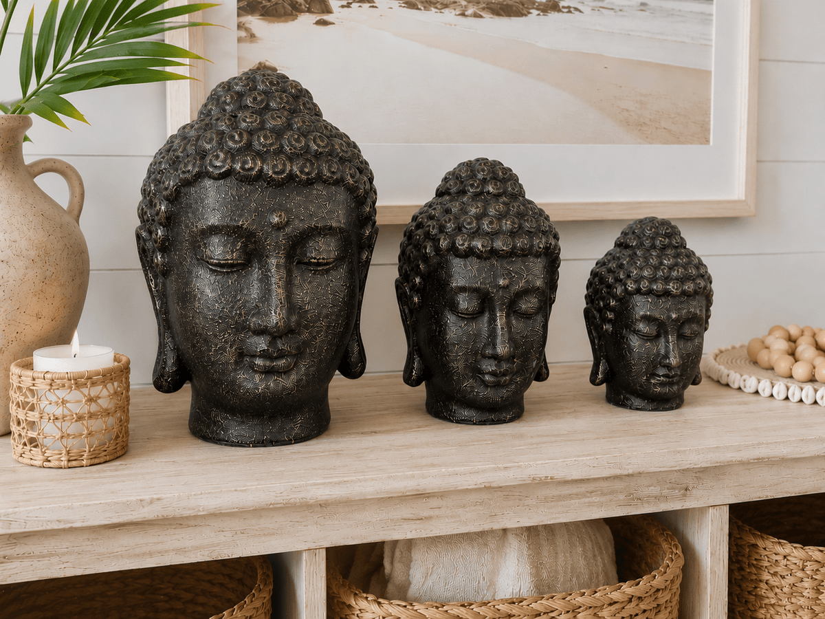 Set of 3 Handcrafted GRC Buddha Head Sculpture – Bali Indonesia Coastal Decor - Che Cose Belle
