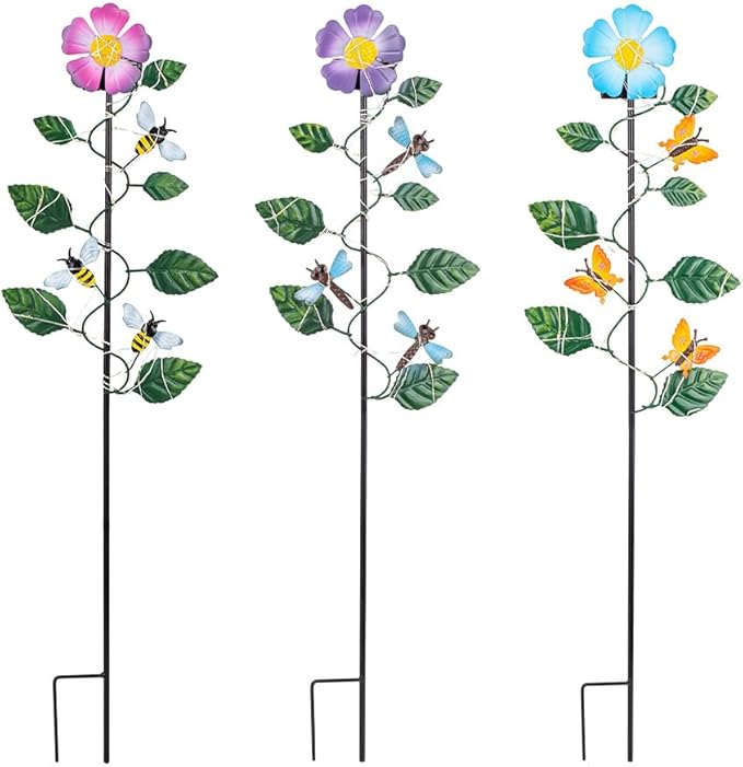 Set of 3 Solar Garden Lights,23'' H Flowers＆Insect Decorative Garden Stakes,Waterproof Metal Spring Yard Art Decor,Solar Stake Lights for Outside,Lawn,Yard,Patio - Che Cose Belle