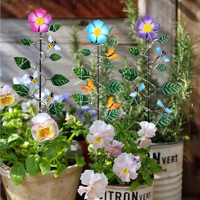 Set of 3 Solar Garden Lights,23'' H Flowers＆Insect Decorative Garden Stakes,Waterproof Metal Spring Yard Art Decor,Solar Stake Lights for Outside,Lawn,Yard,Patio - Che Cose Belle