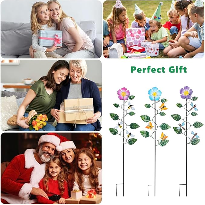 Set of 3 Solar Garden Lights,23'' H Flowers＆Insect Decorative Garden Stakes,Waterproof Metal Spring Yard Art Decor,Solar Stake Lights for Outside,Lawn,Yard,Patio - Che Cose Belle