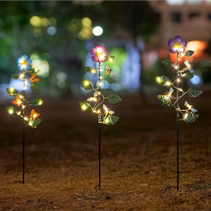 Set of 3 Solar Garden Lights,23'' H Flowers＆Insect Decorative Garden Stakes,Waterproof Metal Spring Yard Art Decor,Solar Stake Lights for Outside,Lawn,Yard,Patio - Che Cose Belle