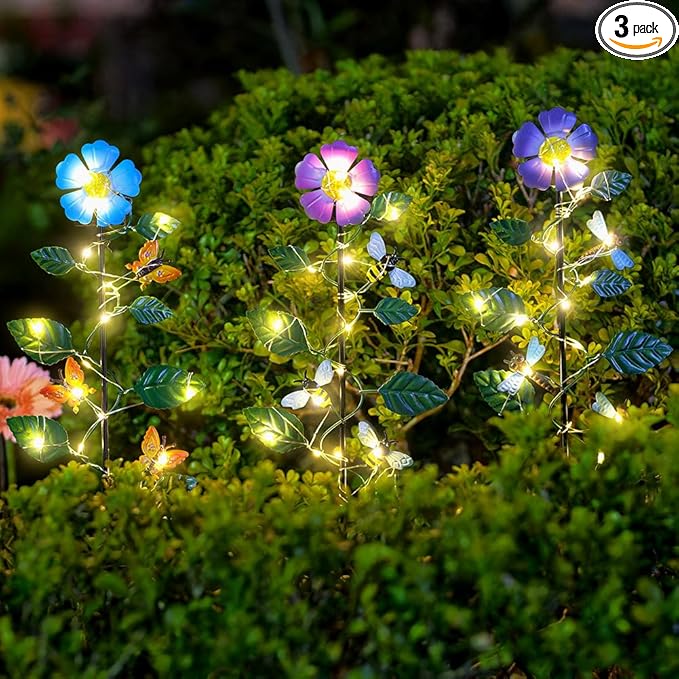 Set of 3 Solar Garden Lights,23'' H Flowers＆Insect Decorative Garden Stakes,Waterproof Metal Spring Yard Art Decor,Solar Stake Lights for Outside,Lawn,Yard,Patio - Che Cose Belle