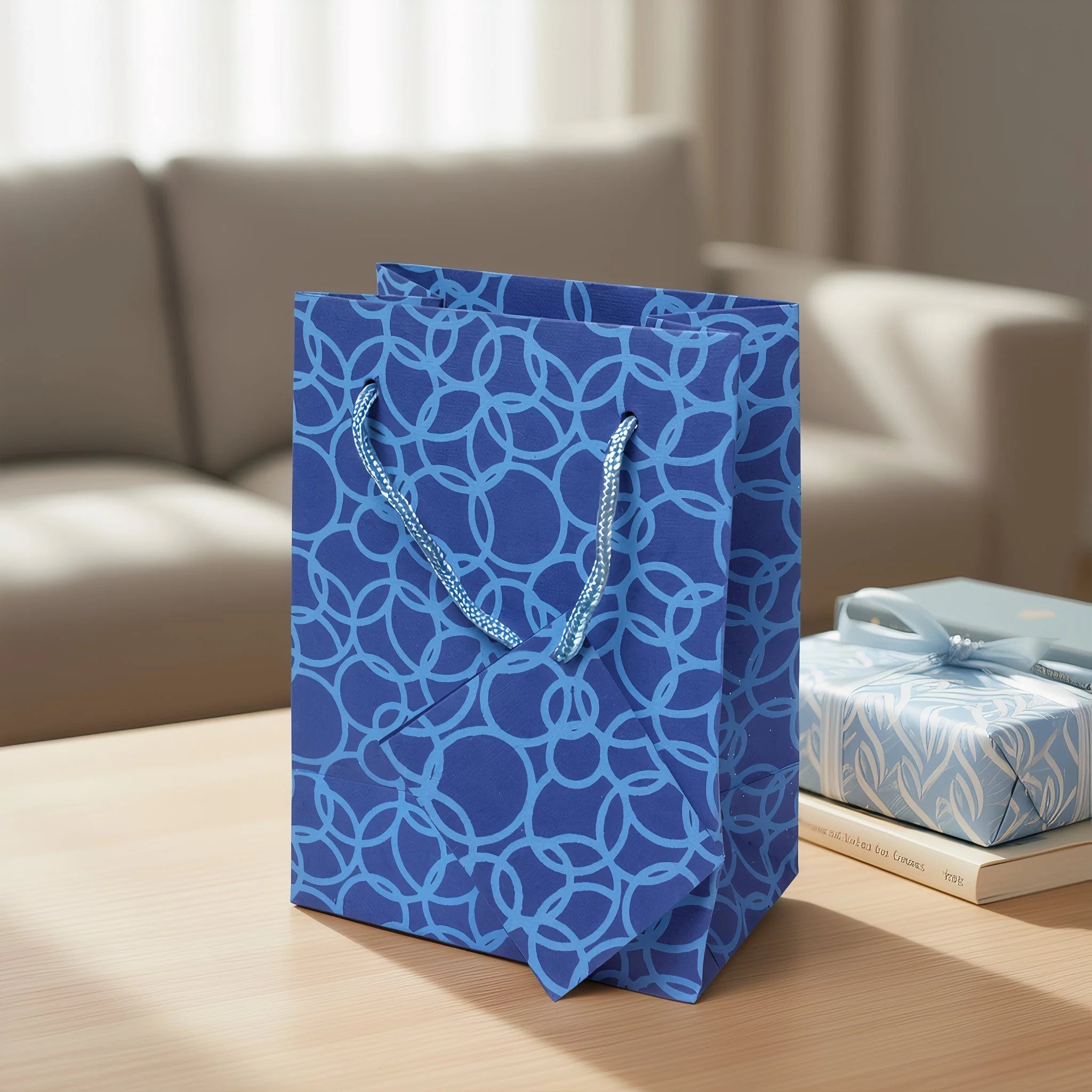 Set of Six Recycled Cotton Gift Bags Tag Blue Circles Design Arcadia Home - Che Cose Belle