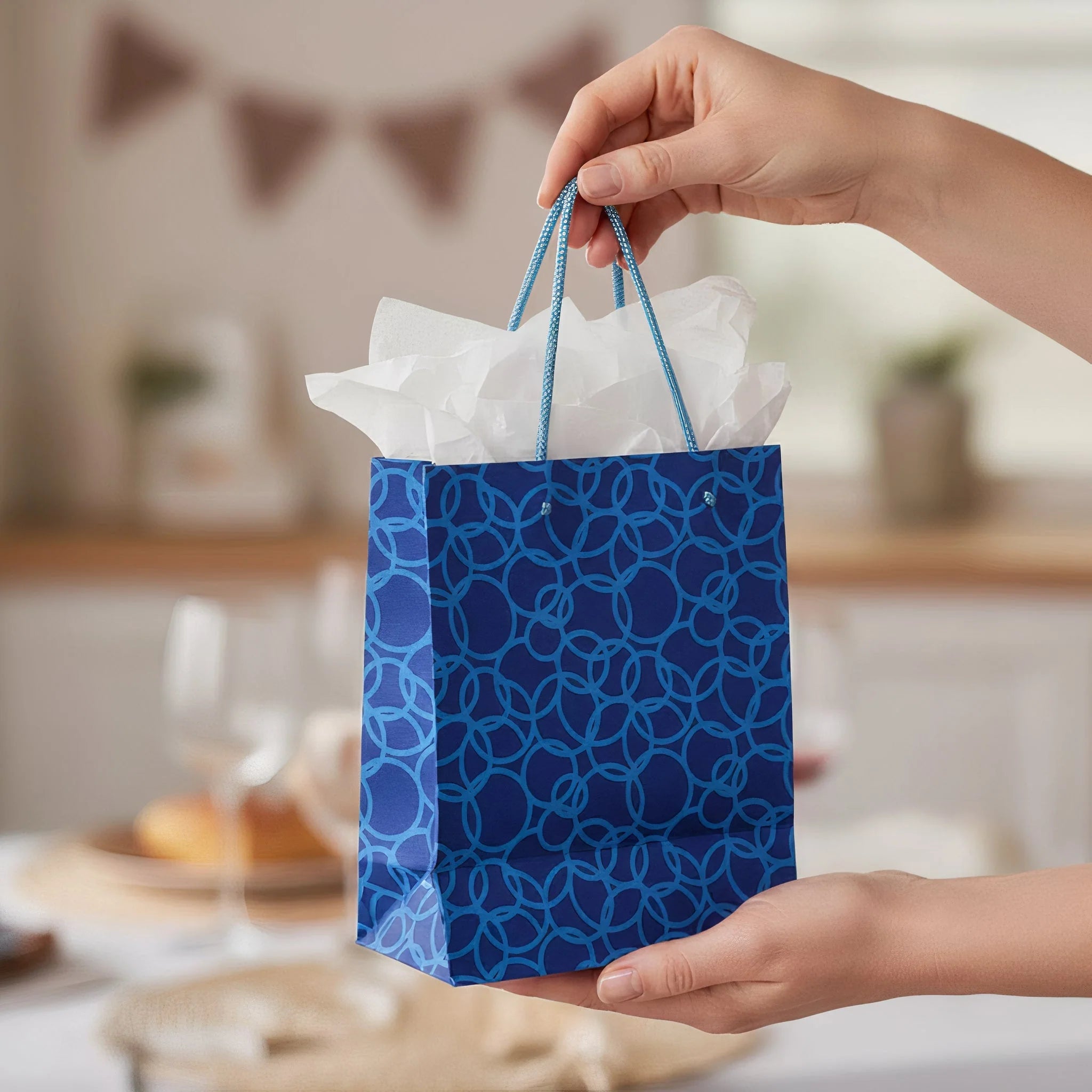 Set of Six Recycled Cotton Gift Bags Tag Blue Circles Design Arcadia Home - Che Cose Belle