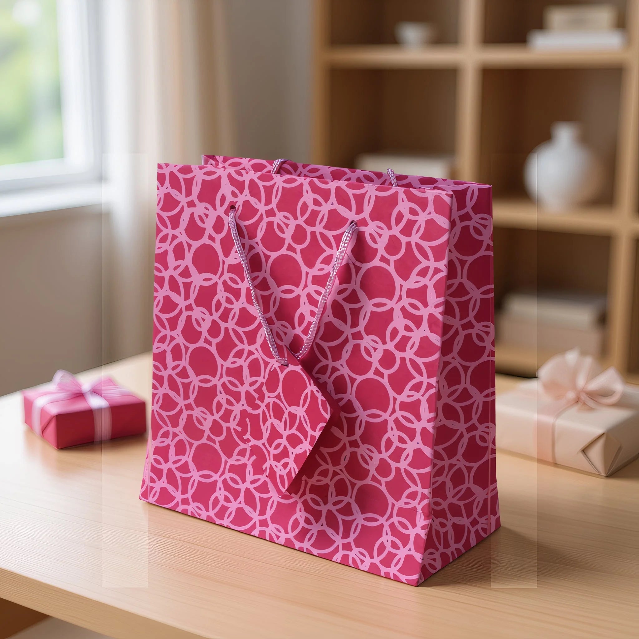 Set of Six Recycled Cotton Gift Bags Tag Pink Circles Design Arcadia Home - Che Cose Belle