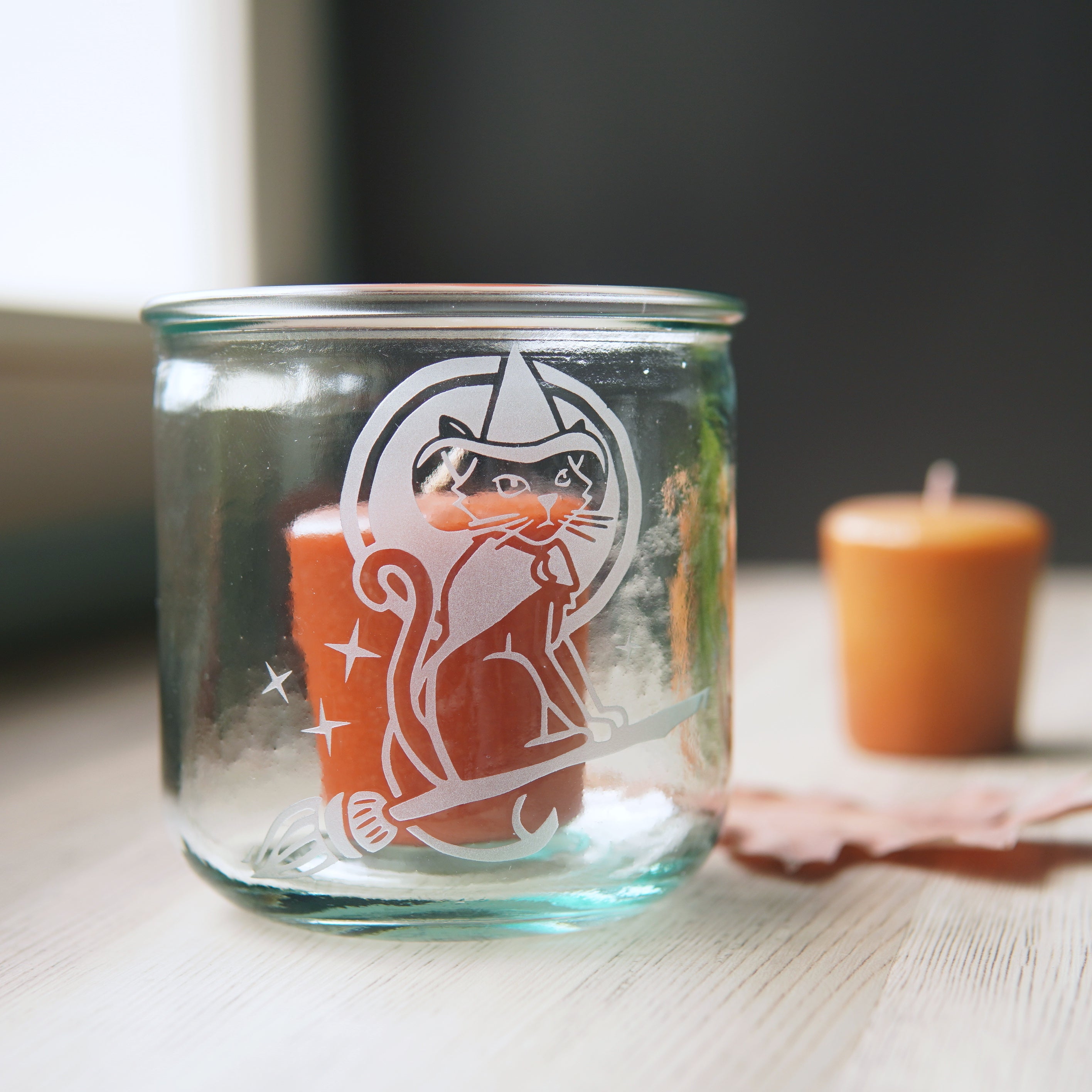 Witch Cat Rustic Recycled Glass Candle Cup