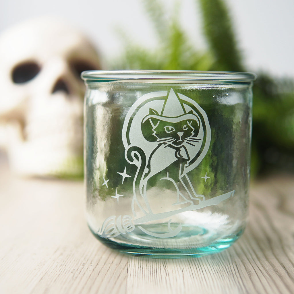 Witch Cat Rustic Recycled Glass Candle Cup