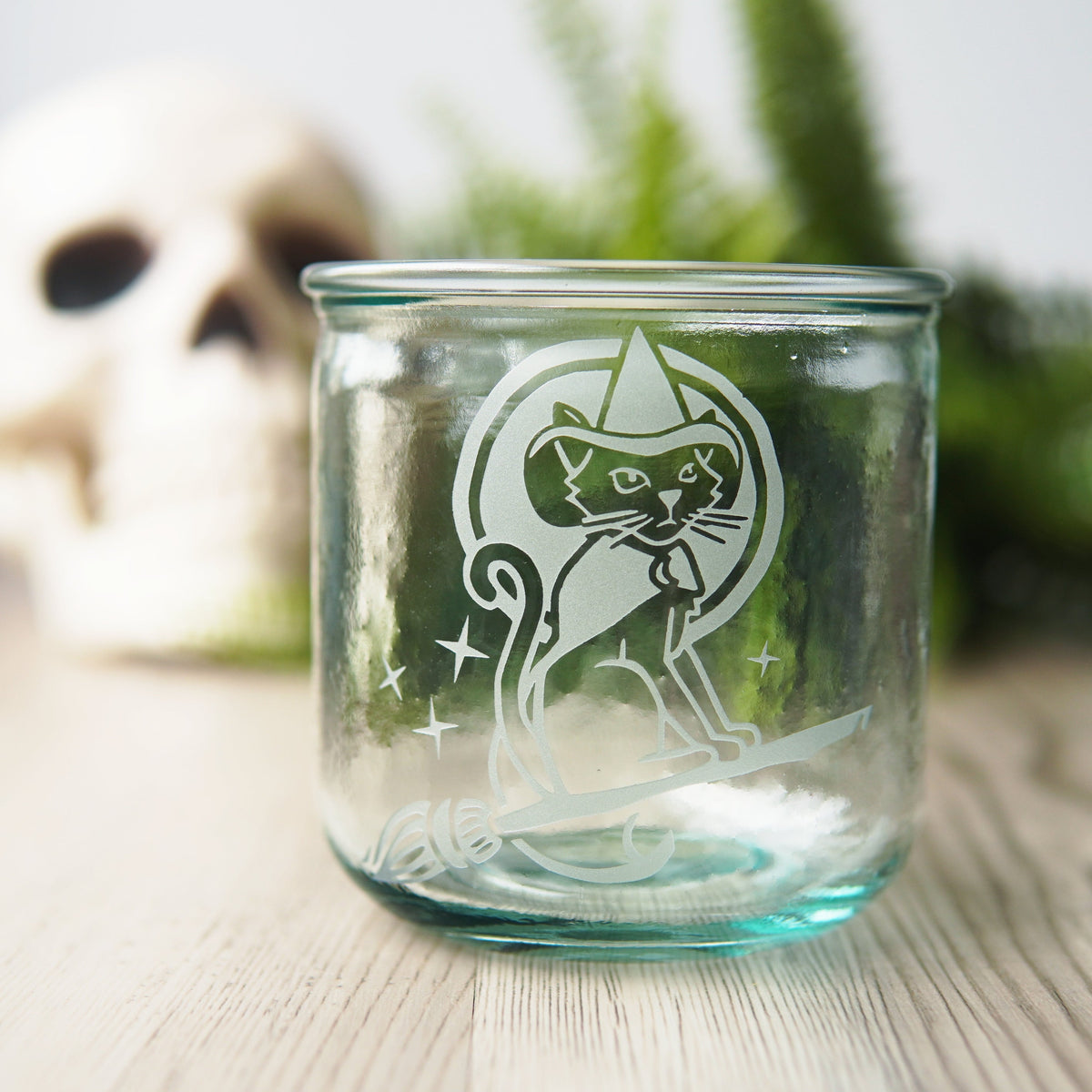 Witch Cat Rustic Recycled Glass Candle Cup
