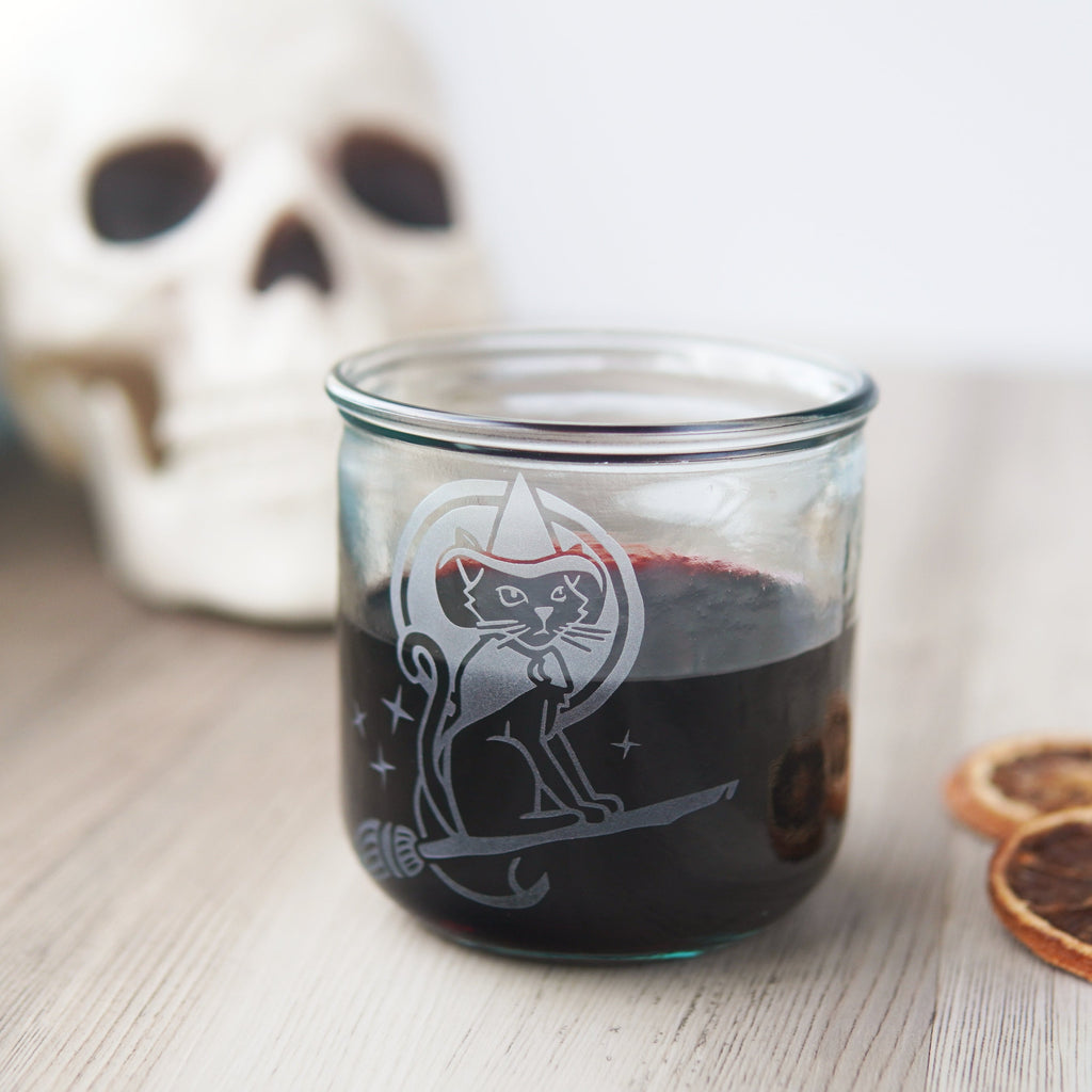 Witch Cat Rustic Recycled Glass Candle Cup