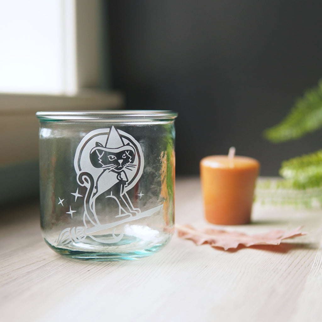 Witch Cat Rustic Recycled Glass Candle Cup