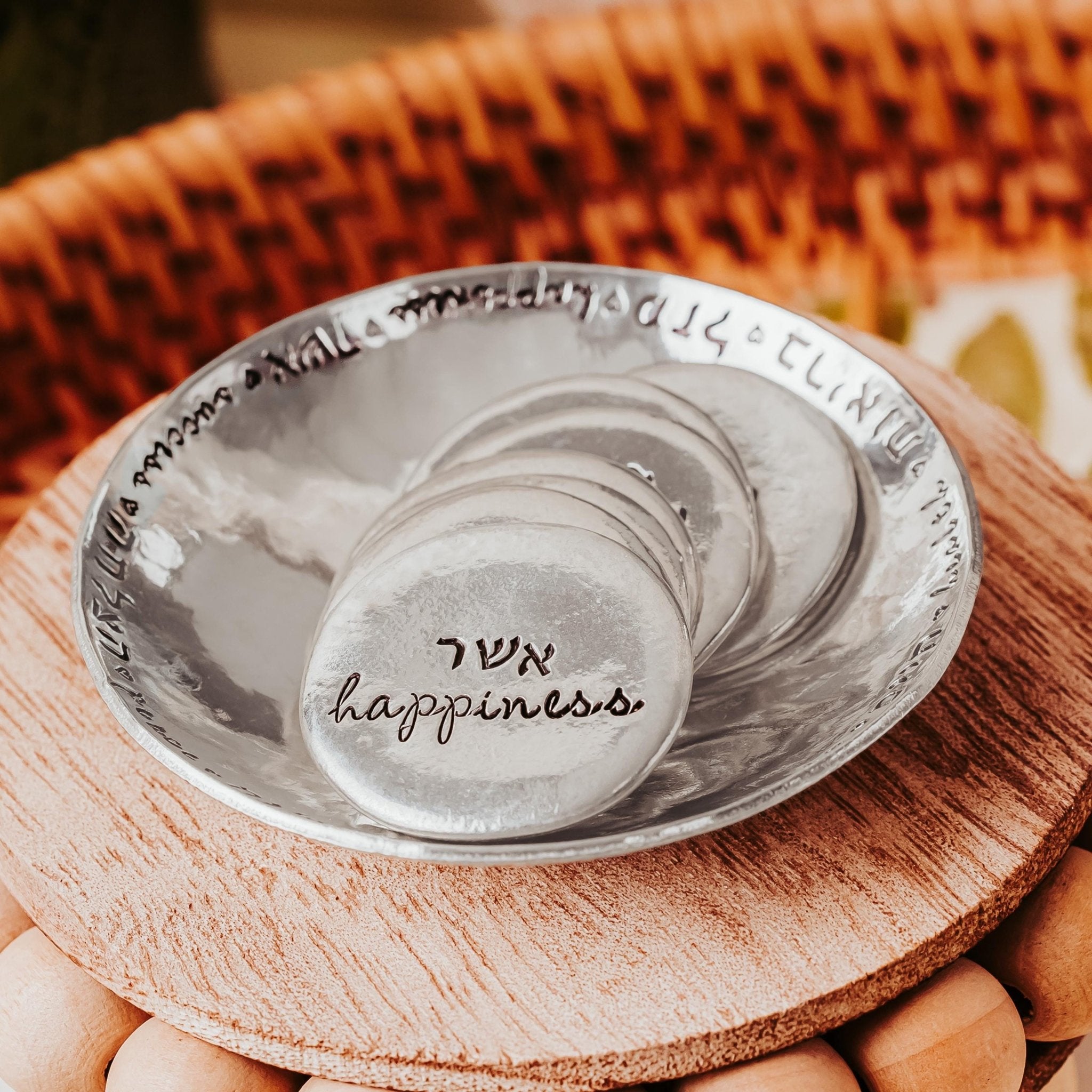 Sheva Brachot Jewish Wedding Gift Set - Pewter Trinket Dish + 7 Blessing Stones - Che Cose Belle