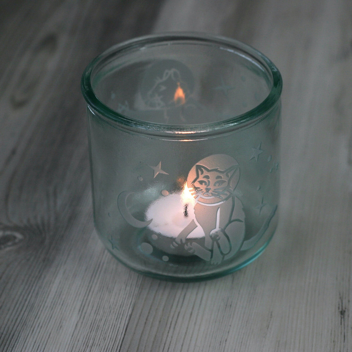 Astronaut Space Cats Rustic Recycled Glass Candle Cup