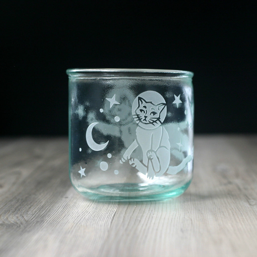 Astronaut Space Cats Rustic Recycled Glass Candle Cup