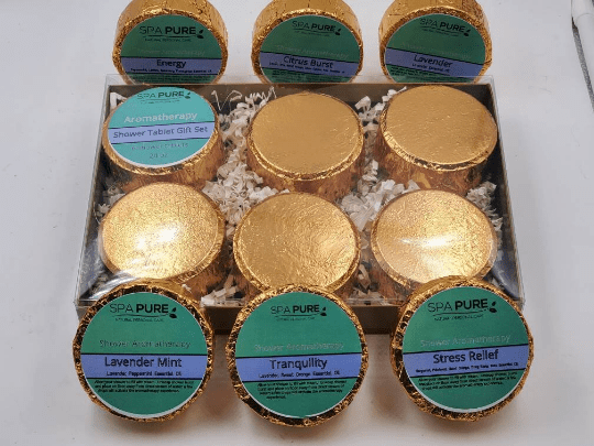 Gift Set with 6 Aromatherapy Shower Tablets - Best Sellers - GOLD - 100% Essential Oil Blends - Che Cose Belle