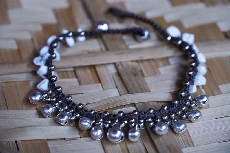 Silver Bell Boho Anklet White Beaded Ankle Bracelet - Che Cose Belle