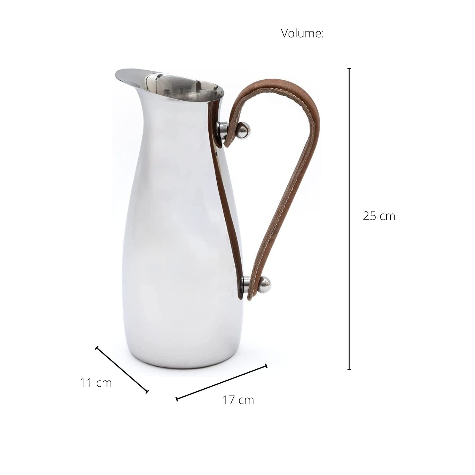 Silver Stainless Steel Water Pitcher, Leather Handle - Che Cose Belle