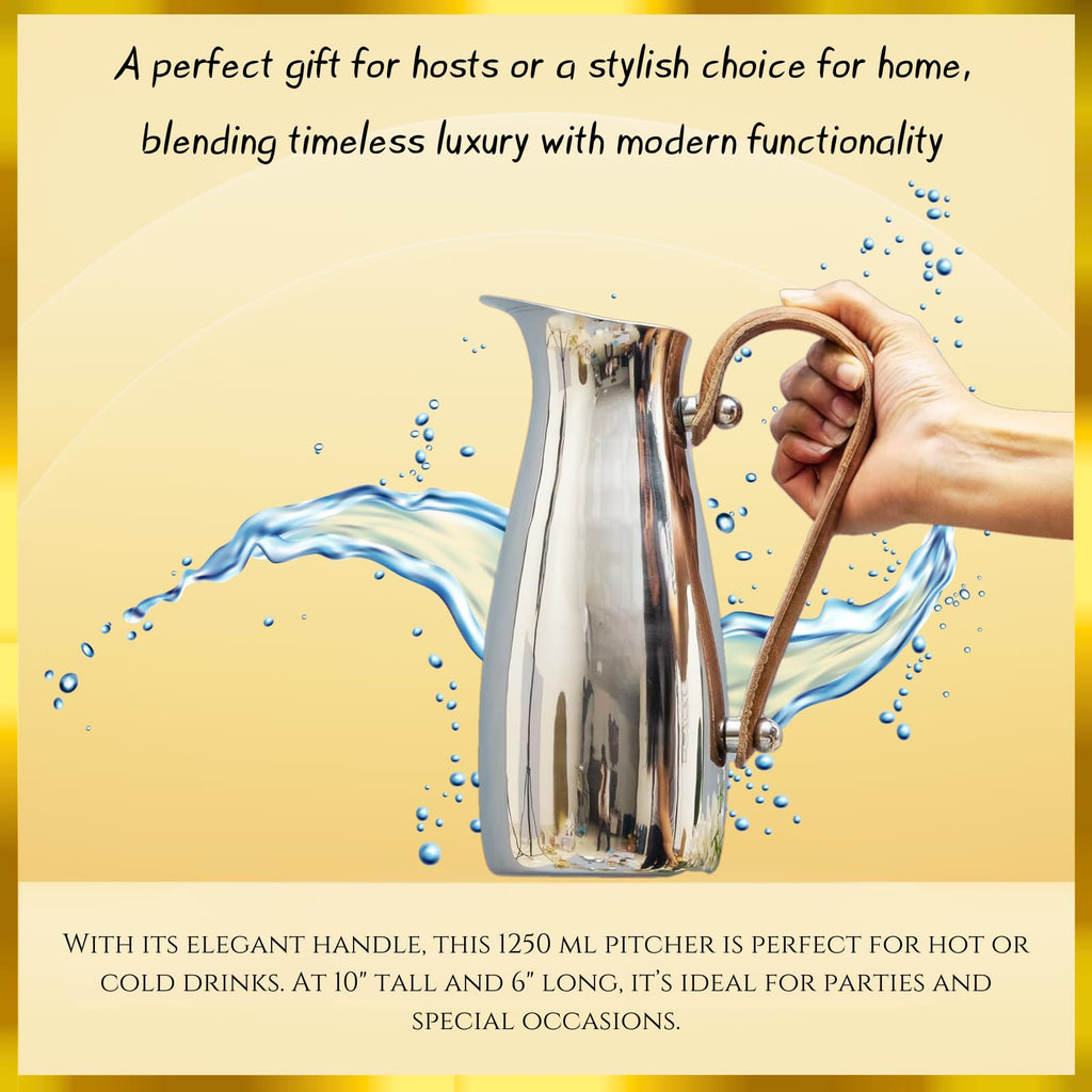 Silver Stainless Steel Water Pitcher, Leather Handle - Che Cose Belle