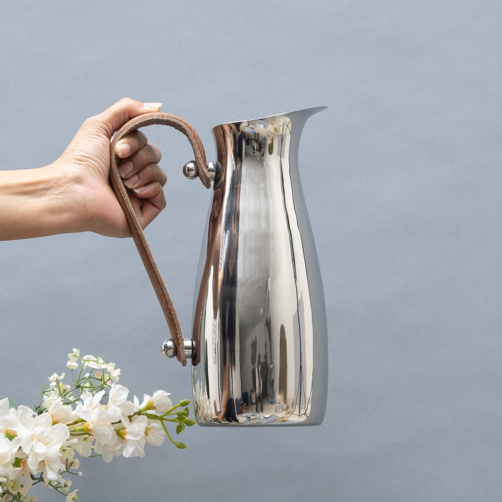 Silver Stainless Steel Water Pitcher, Leather Handle - Che Cose Belle