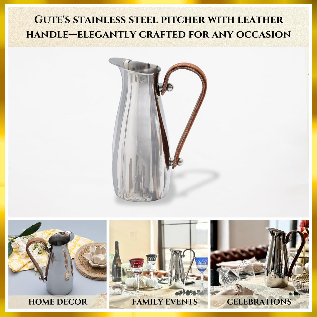 Silver Stainless Steel Water Pitcher, Leather Handle - Che Cose Belle
