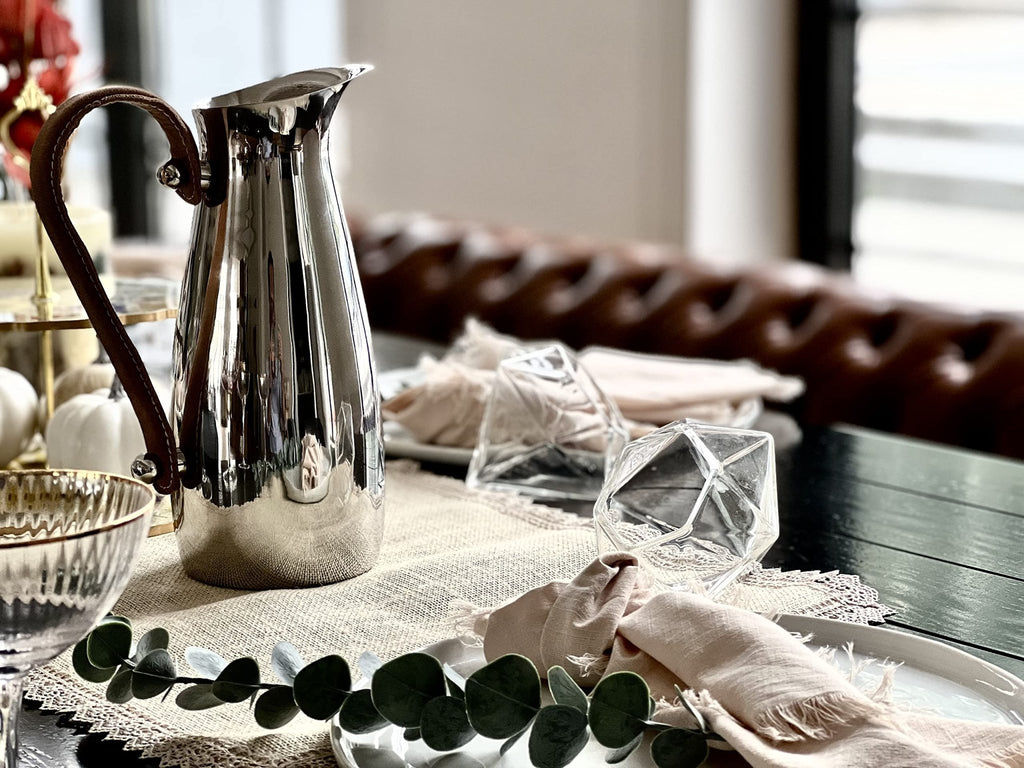 Silver Stainless Steel Water Pitcher, Leather Handle - Che Cose Belle
