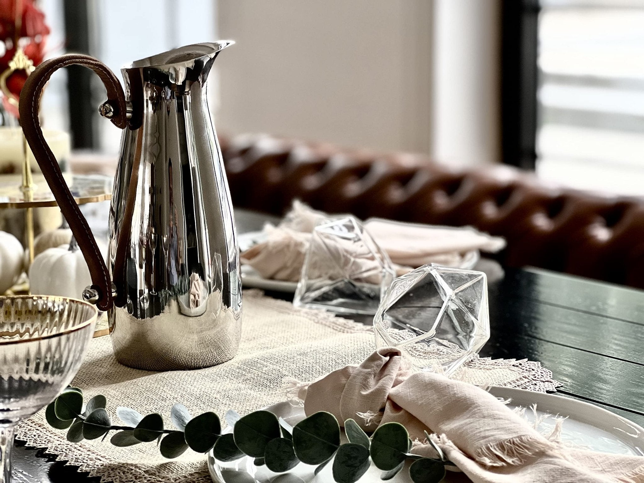 Silver Stainless Steel Water Pitcher, Leather Handle - Che Cose Belle