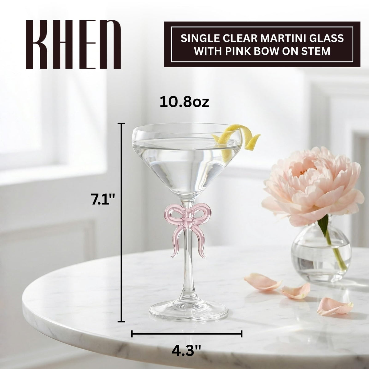 Single Clear Martini Glass with Pink Bow on Stem, One Piece - Che Cose Belle