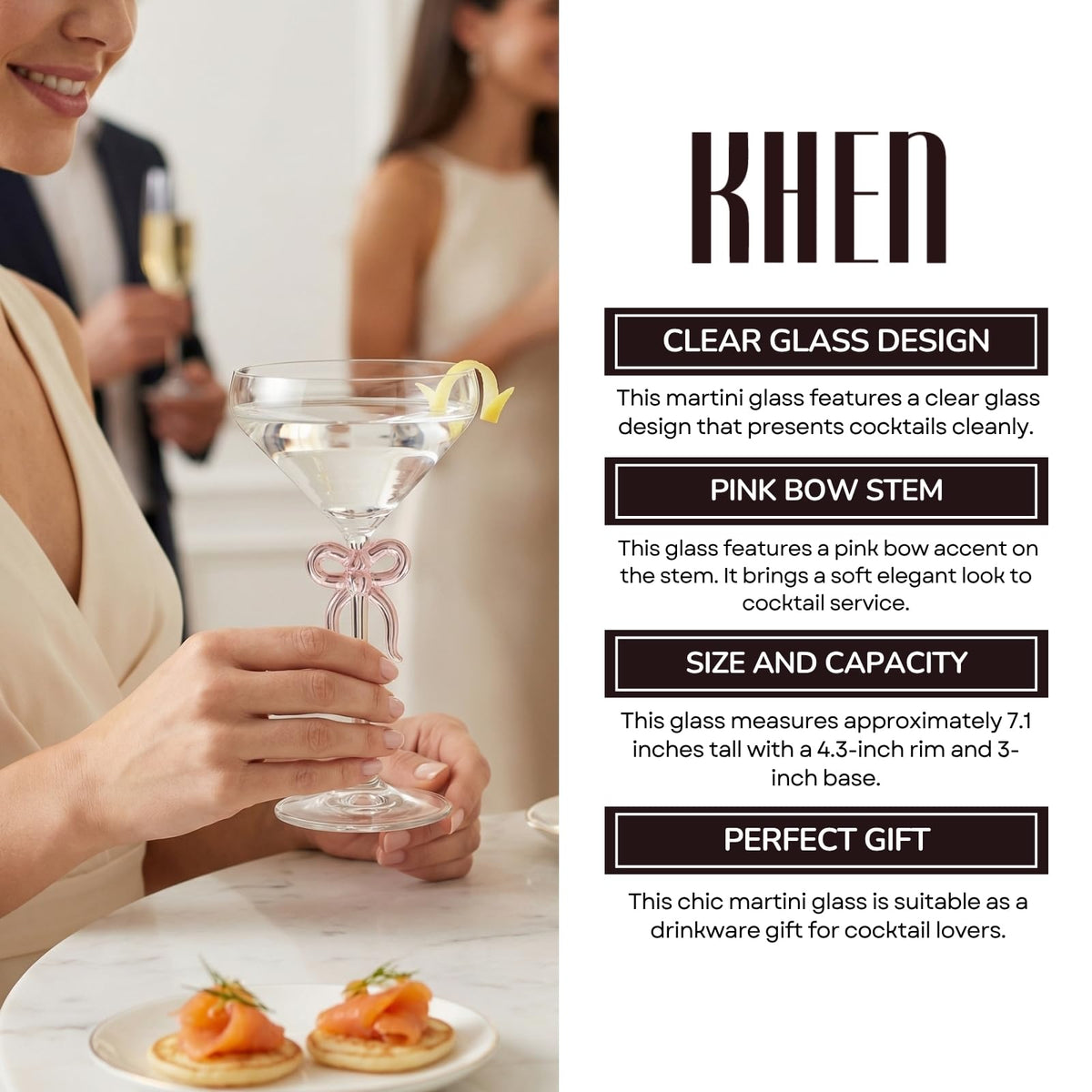 Single Clear Martini Glass with Pink Bow on Stem, One Piece - Che Cose Belle