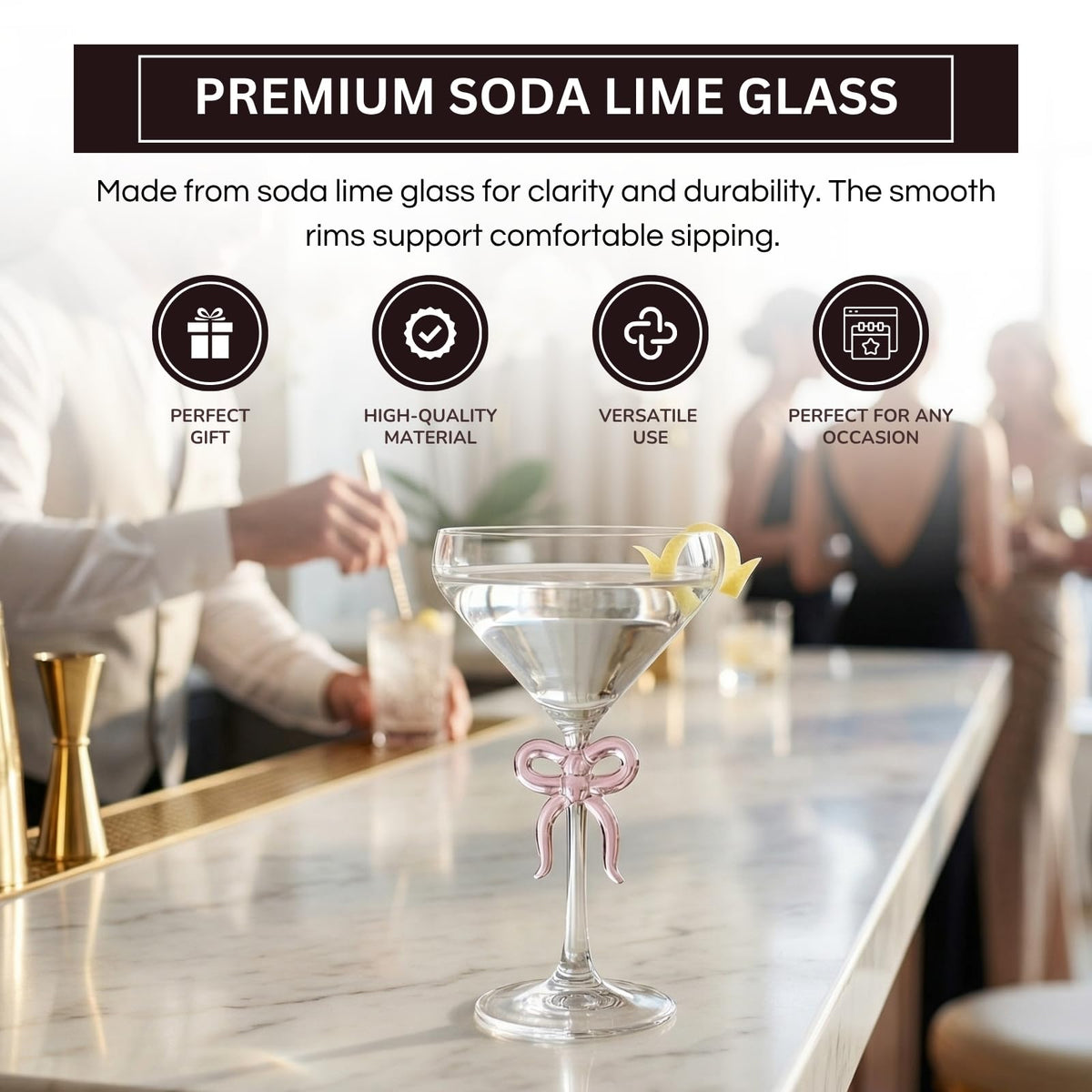 Single Clear Martini Glass with Pink Bow on Stem, One Piece - Che Cose Belle