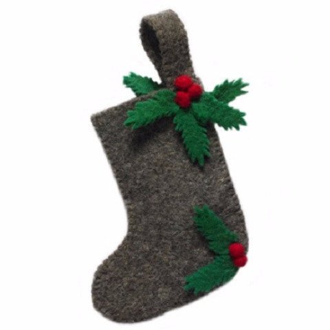 Small Christmas Stocking Ornament Holly Grey Hand Felted Wool Arcadia Home