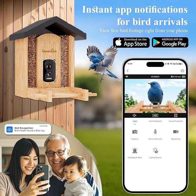 Smart Bird Feeder with Camera for Wild Birds - Identifies 11,000+ Species, Solar Panel Wireless Outdoors Bamboo Birdhouse with Cam, 2K HD Live Video & Instant Alerts - Bird Lover Gifts - Che Cose Belle