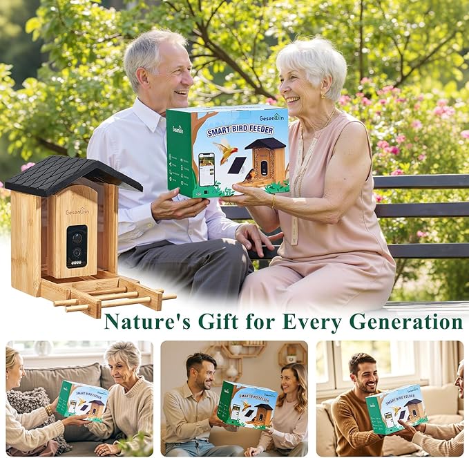 Smart Bird Feeder with Camera for Wild Birds - Identifies 11,000+ Species, Solar Panel Wireless Outdoors Bamboo Birdhouse with Cam, 2K HD Live Video & Instant Alerts - Bird Lover Gifts - Che Cose Belle