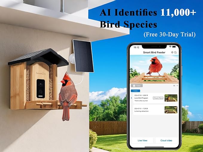 Smart Bird Feeder with Camera for Wild Birds - Identifies 11,000+ Species, Solar Panel Wireless Outdoors Bamboo Birdhouse with Cam, 2K HD Live Video & Instant Alerts - Bird Lover Gifts - Che Cose Belle